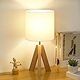 Small Beside Table Lamp, Wood Tripod Table Lamp with White Fabric Shade, Cute Boho Nightstand Lamp, Minimalist Desk Lamp for Bedroom Living Room Nursery Kids Room Office Dorm, Bulb Not Included