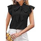Floerns Women's Polka Dots Tie Neck Blouse Ruffle Cap Sleeve Business Casual Shirts
