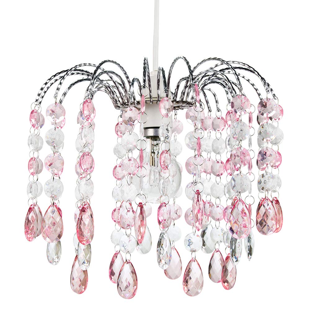 Contemporary Waterfall Designed Pendant Light Shade with Pink and Clear Acrylic Droplets - Chrome Plated Metal Frame by Happy Homewares