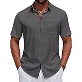 COOFANDY Men's Short Sleeve Casual Button Down Shirts Summer Beach Wedding Textured Linen Shirt for Men