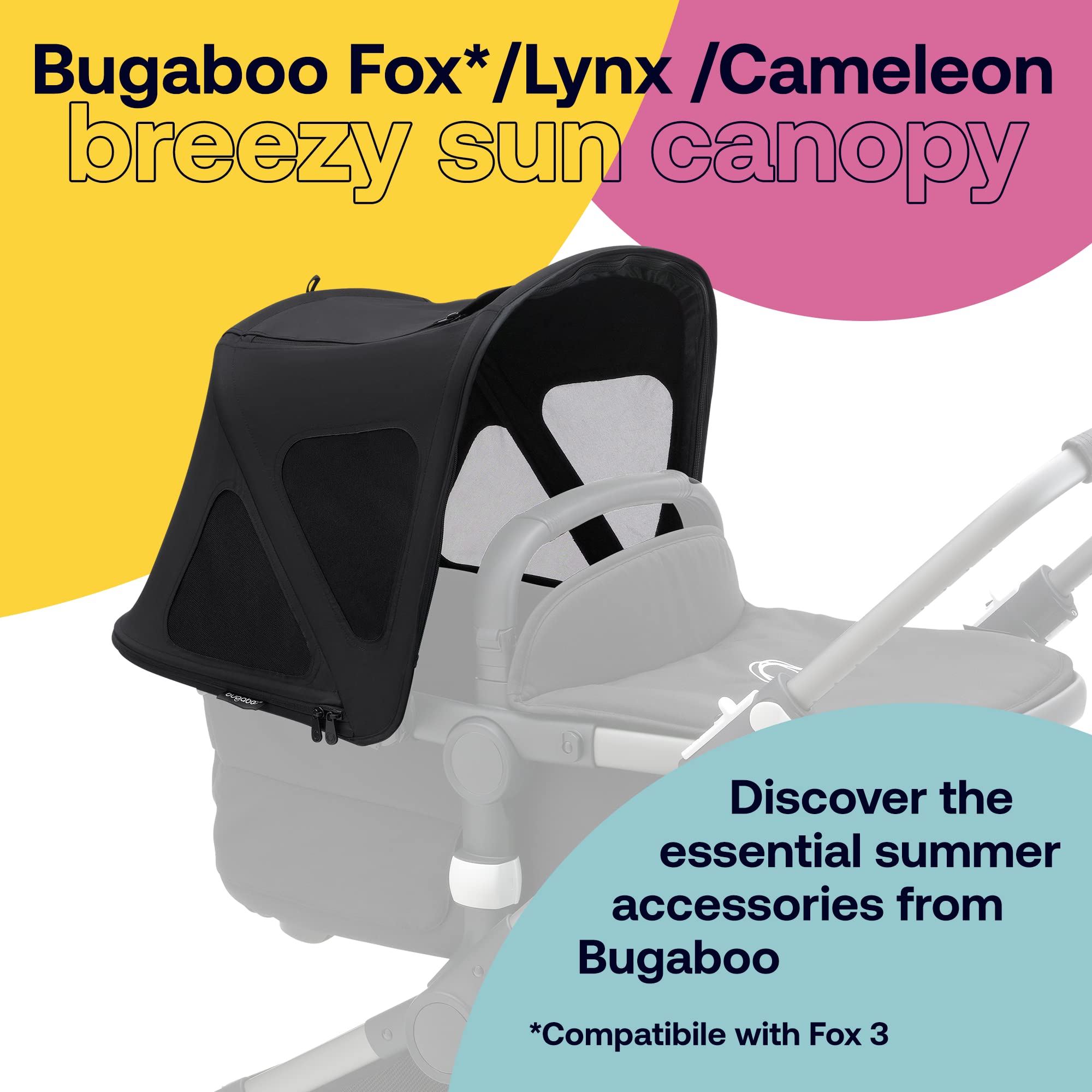 Bugaboo Breezy Sun Canopy, Extendable for Extra Coverage and Optimal Sun Protection, Water Repellent, Compatible with Fox/Cameleon 3/Lynx Strollers (Midnight Black)