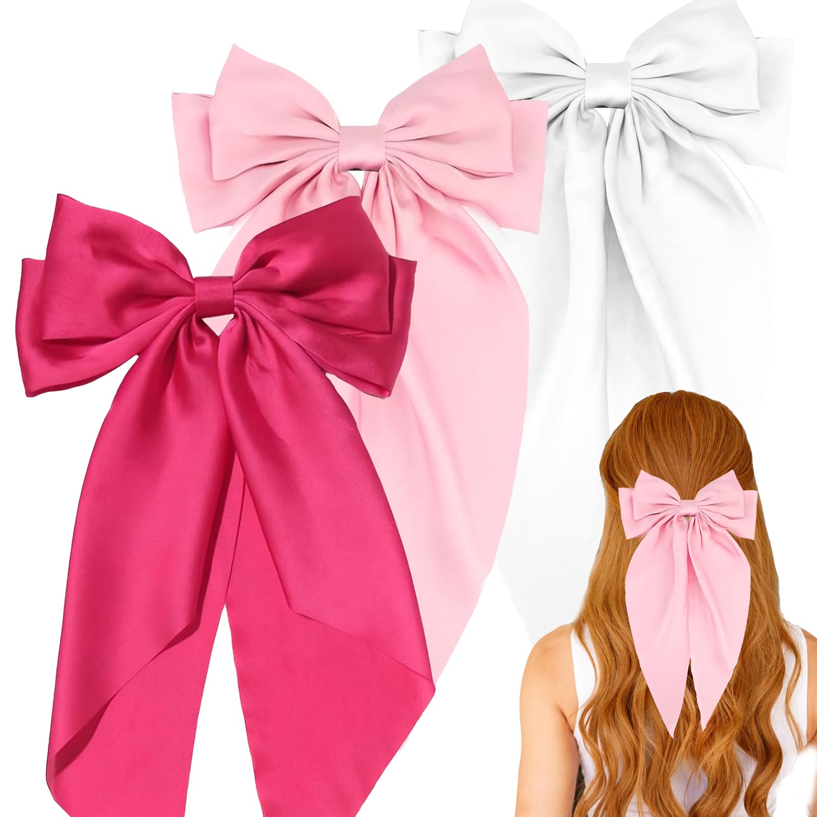 3pcs Big Bow Hair Clips for Women and Girls - Silky Satin Ribbon Solid Color Barrettes Accessories (Pink, Hot Pink, White)