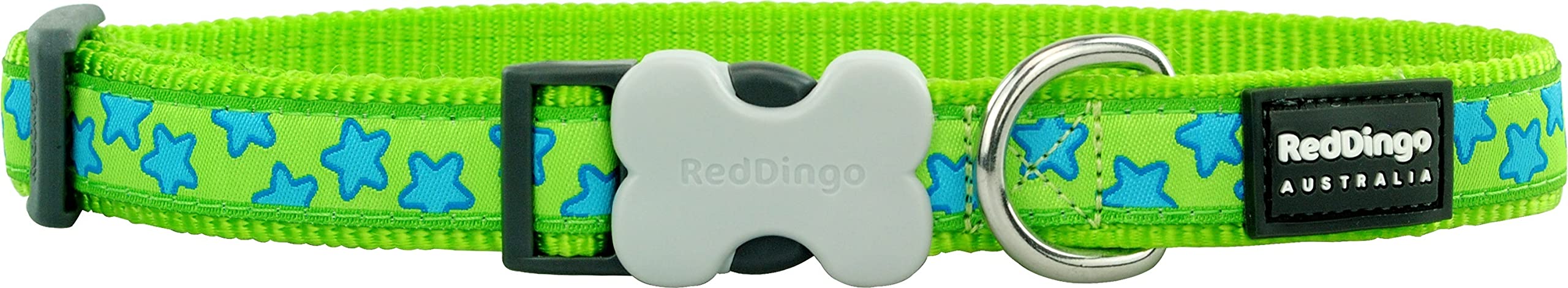 Red Dingo Bucklebone Dog Collar Design, Stars Turquoise on Lime Green, Medium 20mm โ image 1