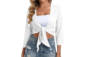 Generic Womens Shrugs Summer 3/4 Sleeve Lightweight Cardigans Tie Front Crop Tops Casual Beach Cover Ups for Travel Vacation
