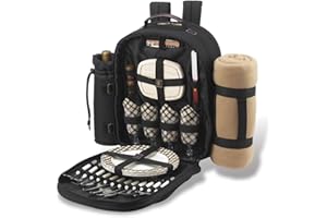 Picnic at Ascot Original Equipped 4 Person Picnic Backpack with Cooler, Insulated Wine Holder & Blanket - Designed & Assembled in USA