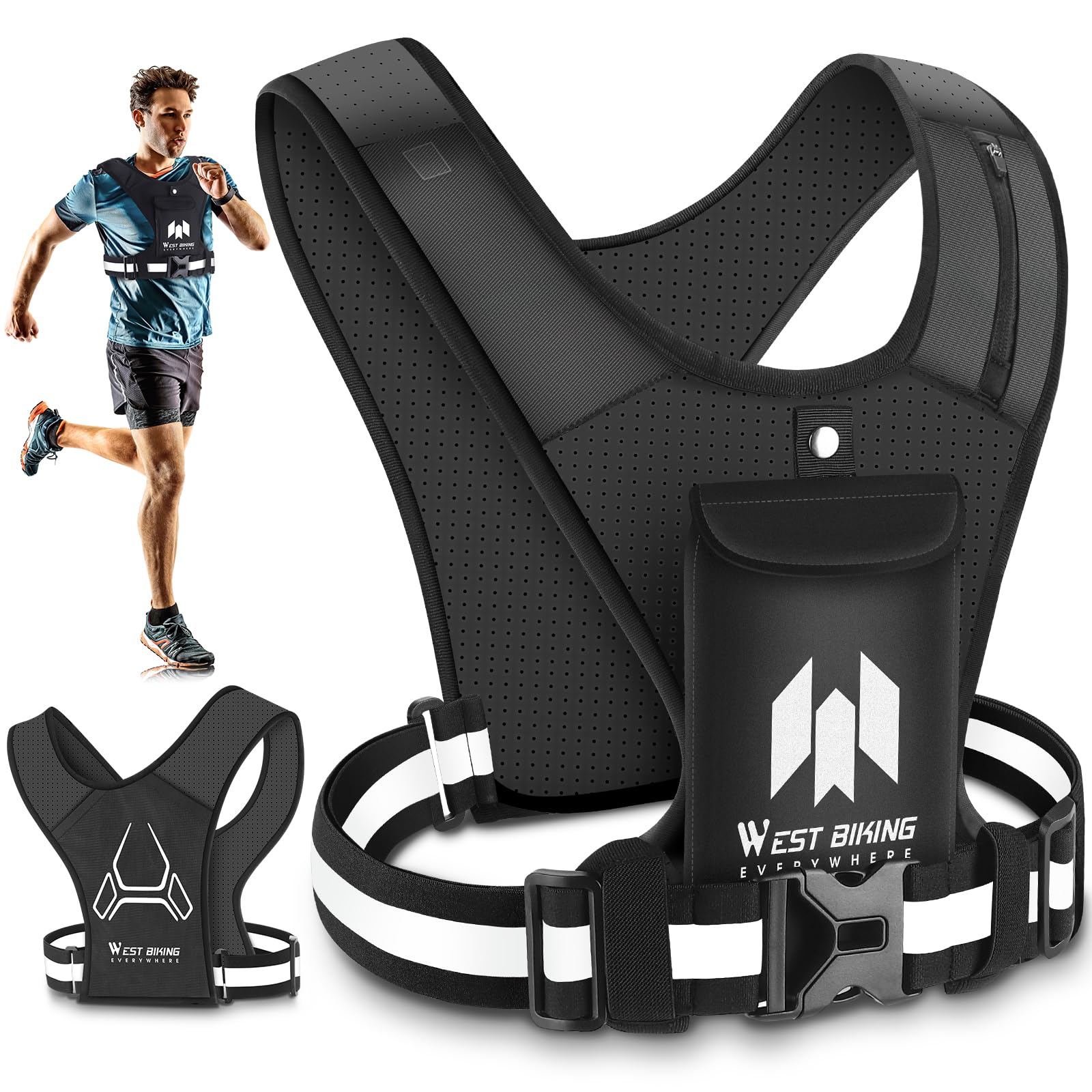 West Biking Running Vest Phone Holder | Fold-out Phone Pouch | Breathable Hi Vis Reflective Running Vest with Buckle, 2 Shoulder Pockets for Keys/Gels, Men Women Running Accessories (Standard Buckle)