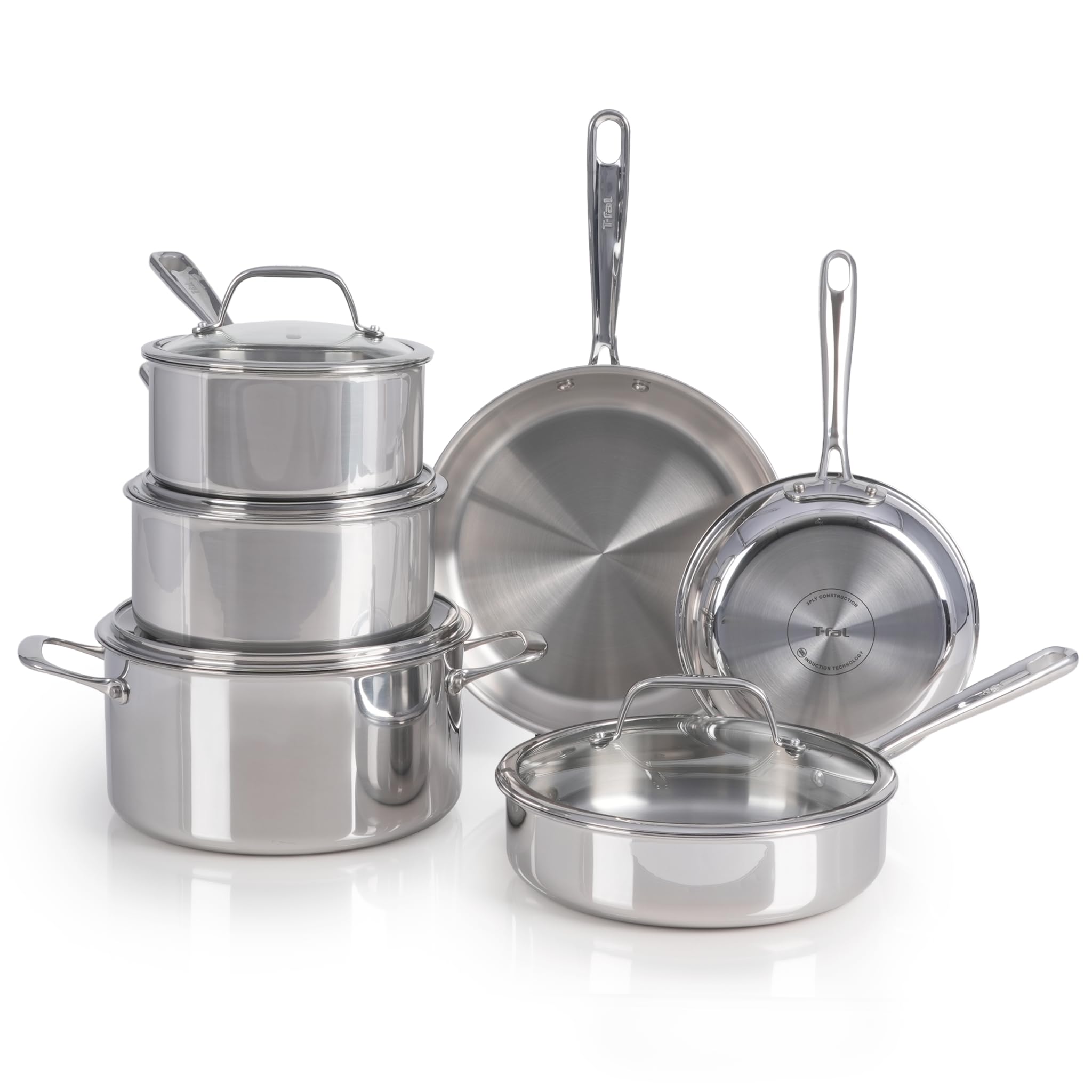 T-fal Pro Tri-Ply Stainless Steel Cookware Set, 10 Piece-Induction Compatible, Oven Safe 500F, Lids-350F, Even Heat, Professional Quality, Durable, Induction Pots and Pans Set, Silver Image