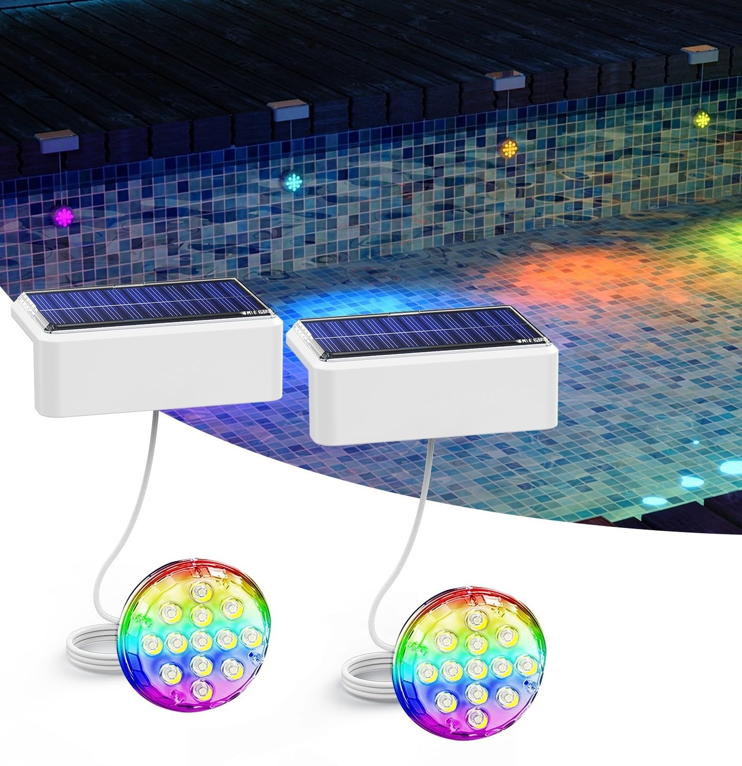 Photo 1 of Solar Pool Lights, Solar Powered Submersible LED Lights with Remote IP68 Waterproof Swimming Pool Lighting, 16 Colors Underwater Pool Light for Above Ground Inground Pool, Pond (White,2 Pack)
