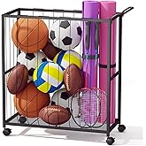 Homsorout Ball Storage Bin Rolling Sports Ball Cart, Metal Garage Organizer Sport Rack, Ball Basket Storage, Ball Cage for Garage or Gym, Indoor & Outdoor Sports Equipment Organizer Black