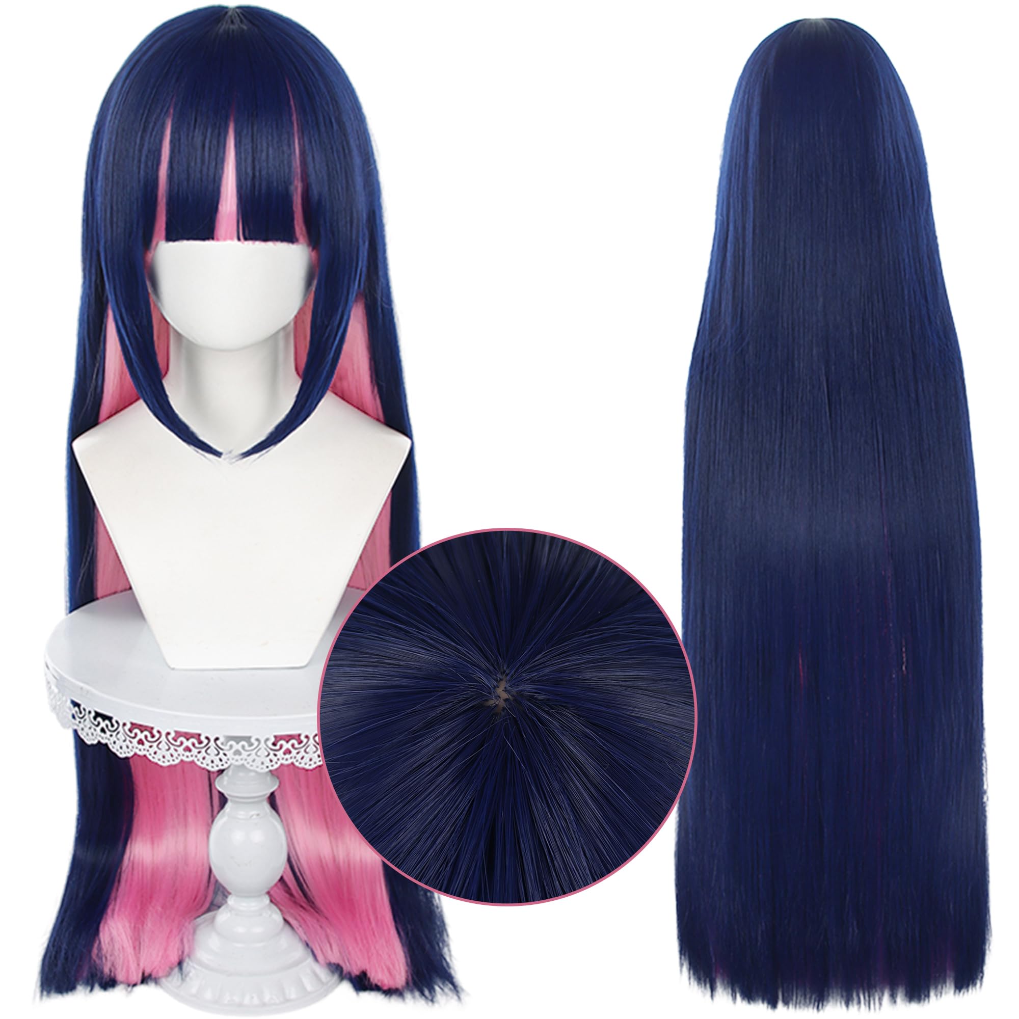 Dark Blue Mixed Pink Long Straight Wig With Bangs Heat Resistant Synthetic Costume Hairs for Women Halloween Cos Anime Party Replacement Wigs