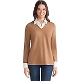 Jones New York Women's Long Sleeve Knit Shirt with Poplin Cuffs and Collar
