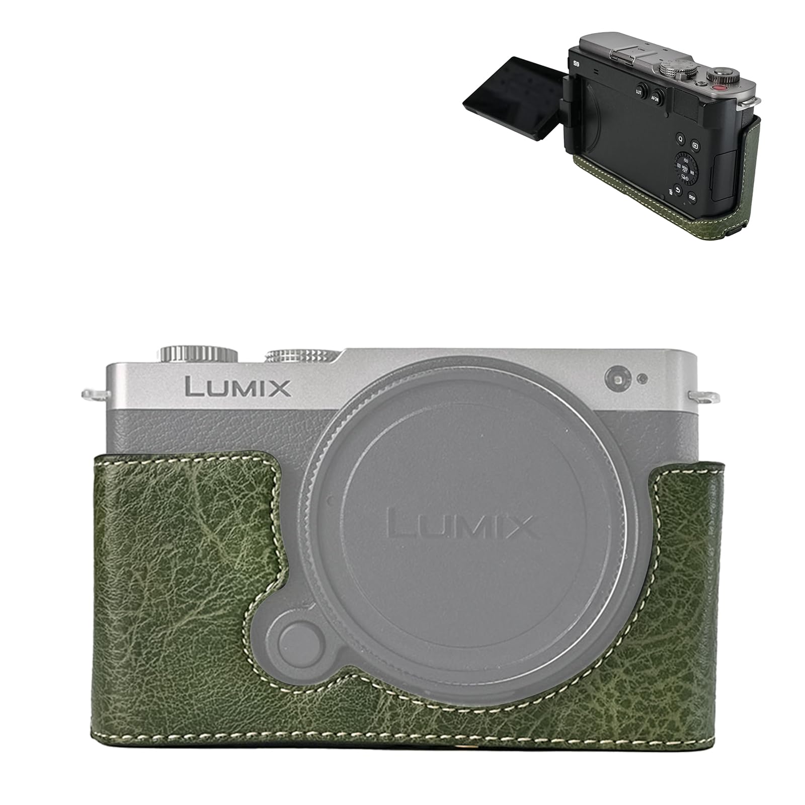 VOVMOEYA Protective Camera Case for Panasonic LUMIX DC-S9, Half Case with Soft Microfiber Inner, LUMIX S9 Mirrorless Camera Cover, Function Well 1/4"-20 Hole, Retro PU Litchi Stria-Matcha Green