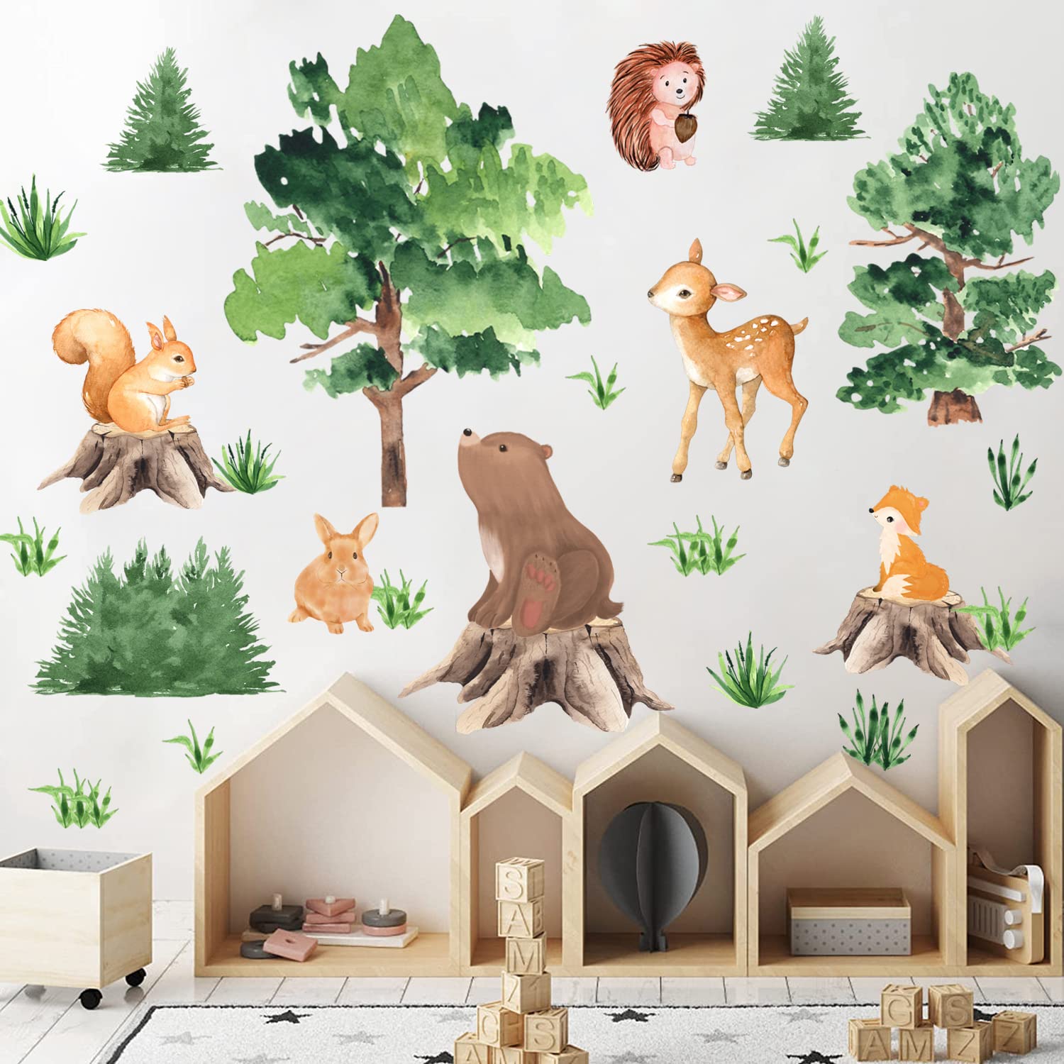 Watercolor Nursery Wall Stickers Safari Animals Baby Wall Decals Jungle Animal Tree Wall Sticker Removable Bear Fox Wall Art Decor Forest Wall Stickers Kids Girls Boys Room Living Room Playroom Decor