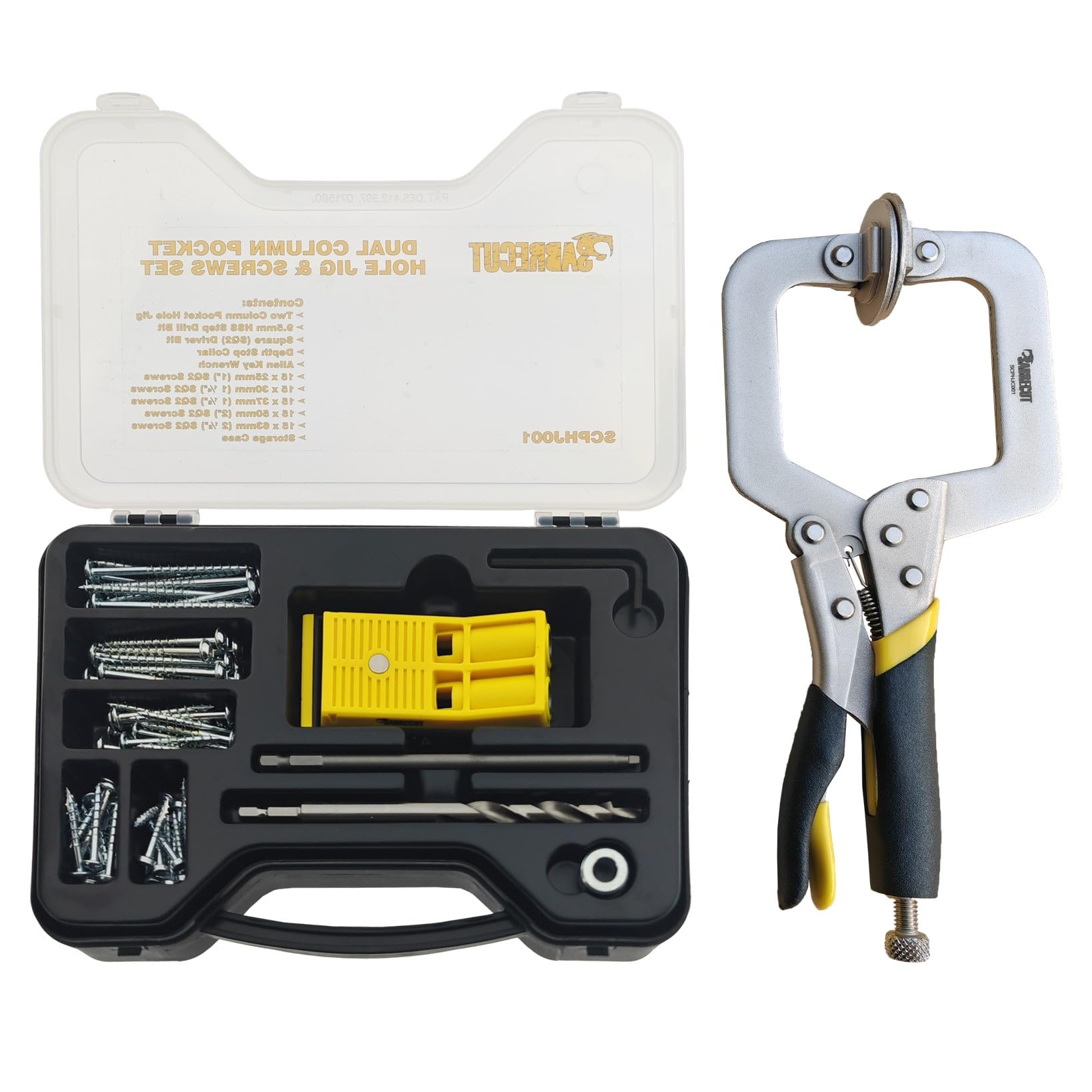 82 x SabreCut SCPHJK01 Dual Twin Column Woodworking Complete Pocket Hole Jig Set with 10" Quick Release Face Clamp, HSS Drill Bit, Depth Stop Collar, Square Driver, Allen Key, Screws & Storage Case