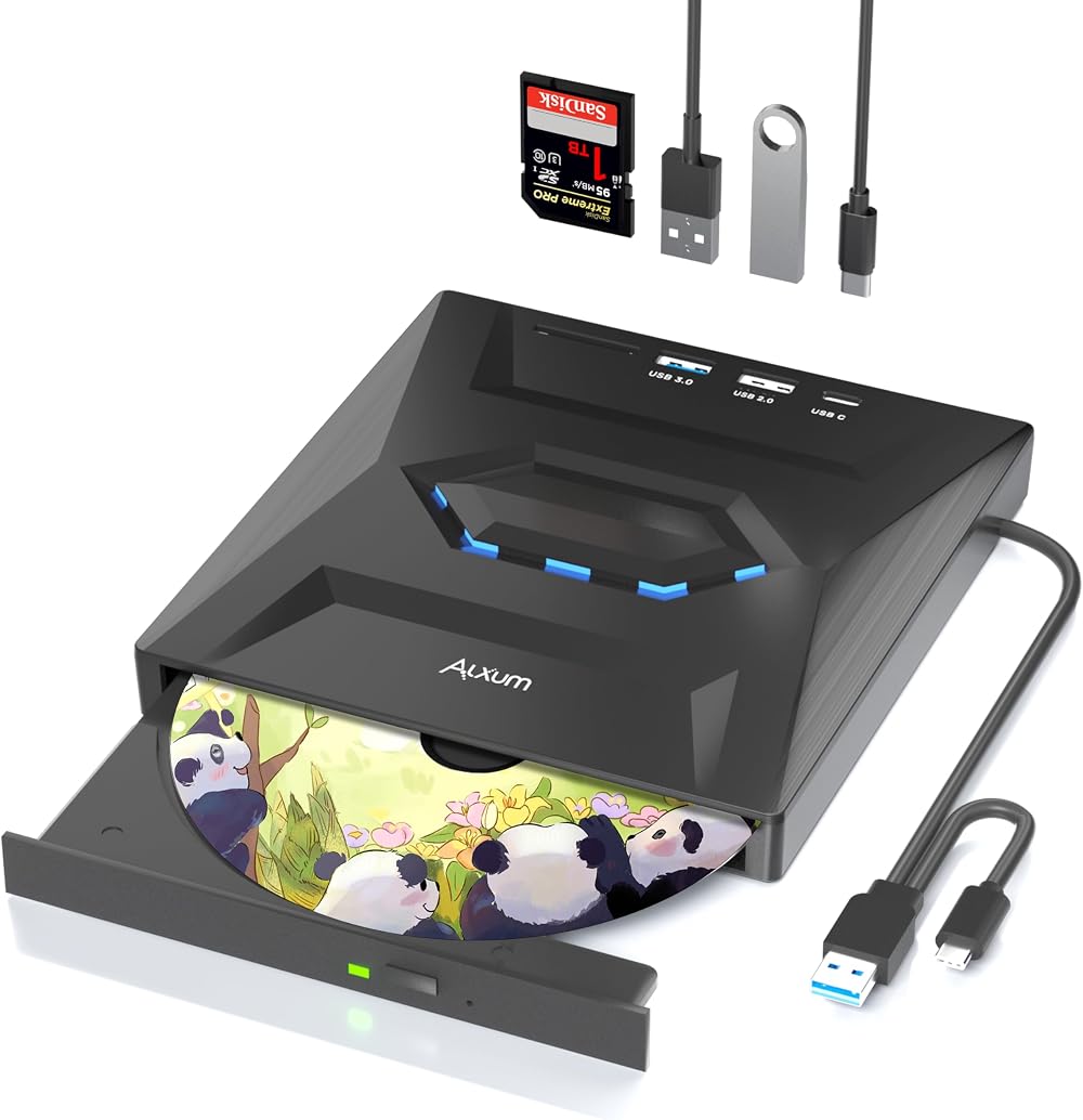 Alxum Type-C USB 3.0 External DVD Drive CD Burner Writer SD Card Reader Ports