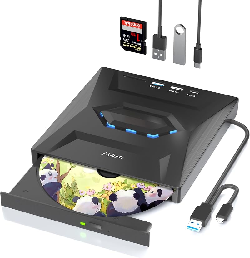 Alxum Type-C USB 3.0 External DVD Drive CD Burner Writer SD Card Reader Ports