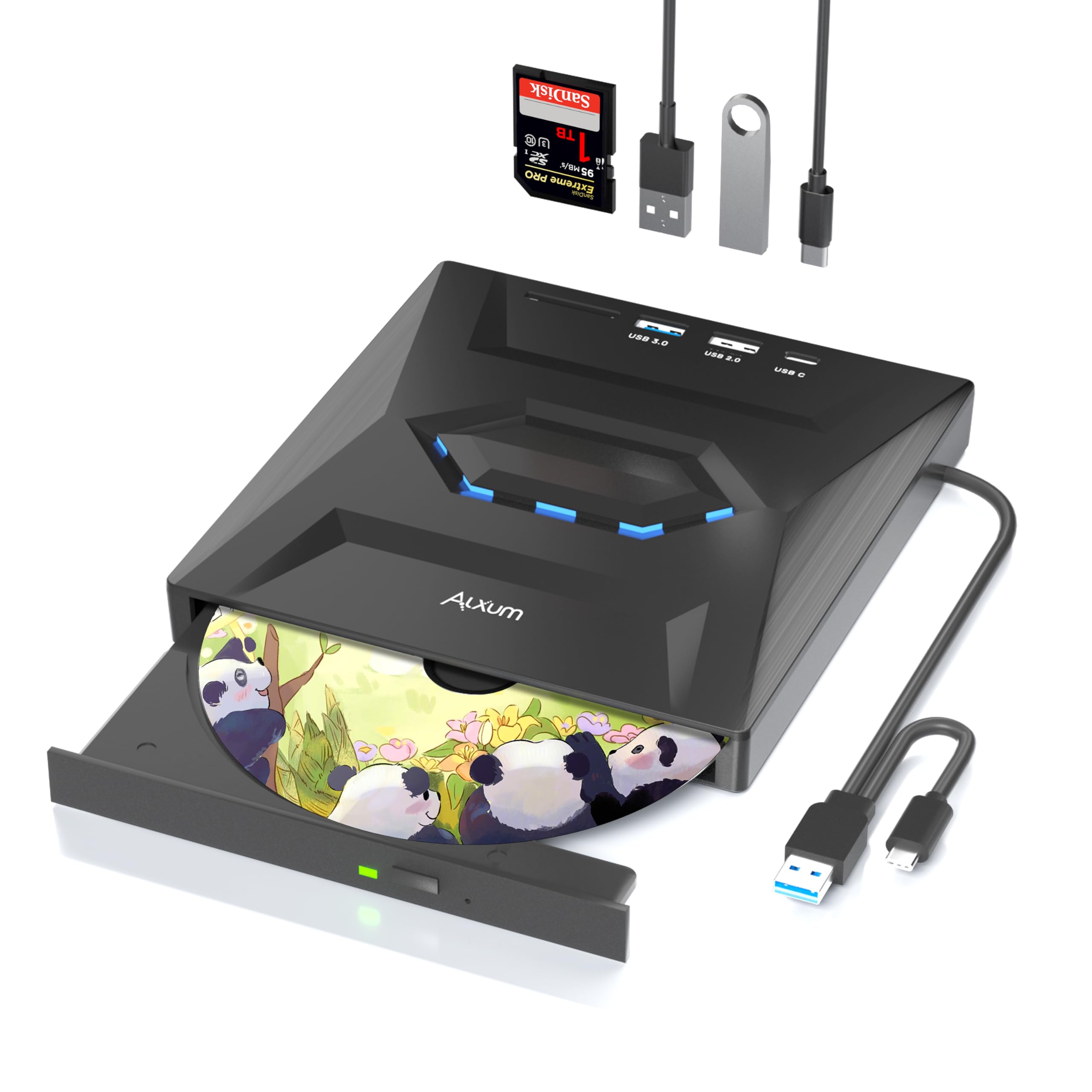 Alxum External DVD Drive for Laptop, Type-C USB 3.0 Portable CD Burner Writer with SD Slot & USB Ports DVD 8X CD 24X Super Fast Speed CD/DVD Reader for Window/Mac OS/Linux/Vista