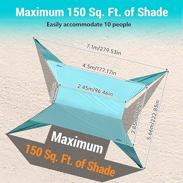 LARGE PORTABLE BEACH SHADE- 15X10FT, EASY SETUP, UPF50+ PROTECTION, ULTRA-STABLE, GULL-WING BEACH TENT