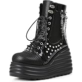 Lyrisiphy Platform Goth Ankle Boots Women Rave Gothic Combat Booties | Chunky Wedge Heel Boots with Punk Chain &amp; Stud, Lace Up &amp; Side Zipper Mesh Closure Shoes for Festival Concert Cosplay Party