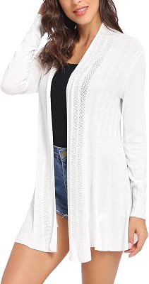 Gilet Femme Long Tricot Veste Femme Longue Pull Gilet Femme Manches Longue, Blanc, S