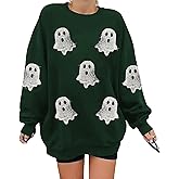 BEIDEFY Halloween Sweatshirts for Women Sequin Ghost Long Sleeve Shirt Oversized Spooky Season Pullover Tops