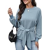 AKODOZO Womens Tie Waist Sweatshirt Long Sleeve Crewneck Pullover Tops Casual Loose Fit Knit Blouse for Work Daily Wear