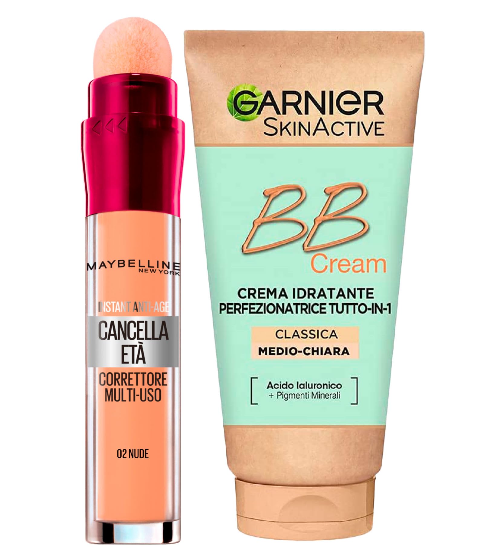 Garnier Skinactive BB Cream Moisturizing Perfecting Face Cream All in 1 SPF25 Medium-Light Shade + Erase Age Multipurpose Liquid Concealer Color 02 Nude with Sponge Applicator