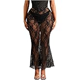 SHENHE Women's Lace See Through Long Skirt Y2K Sheer Beach Cover Up Festival Maxi Skirts