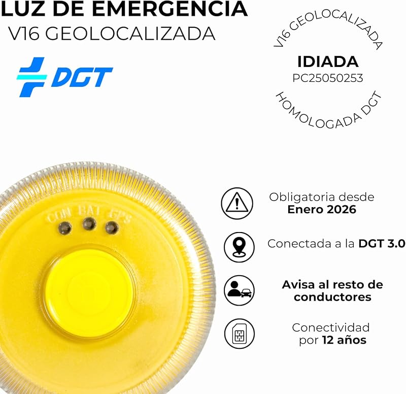 SAFETY Baliza v16 Homologada DGT SIM y Datos Incluidos hasta 2038 - Luz Emergencia Coche Homologado DGT 3.0 - v16 Con Geolocalización Obligatoria Enero 2026 v16 Homologada DGT