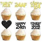 18pcs Black Gold Glitter Dessert Cupcake Pick for Straight Outta 2002 Cheer to 24 Years Old Theme Decor Supplies Happy 24th Birthday Party Decoration