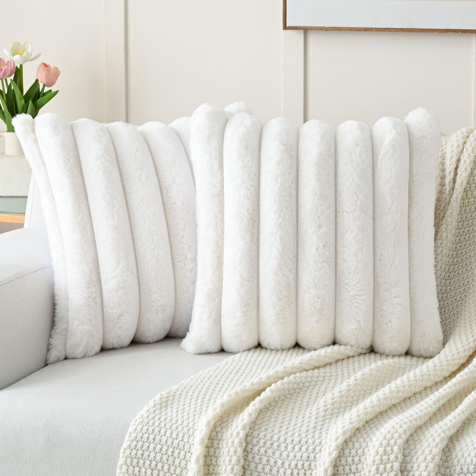Photo 1 of FUTEI Cream White Decorative Throw Pillow Covers 18x18 Inch Set of 3, Square Soft Faux Rabbit Fur Big Striped Cushion Cover,Home Decor for Couch Sofa Bed Living Room