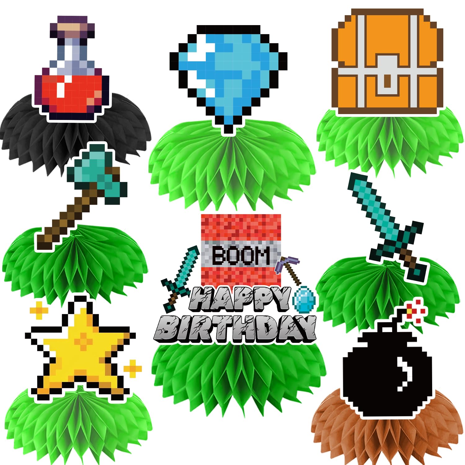 Pixel Birthday Party Decorations, Double Sided Honeycomb Centerpieces for Table Decorations, Cartoon Birthday Party Supplies
