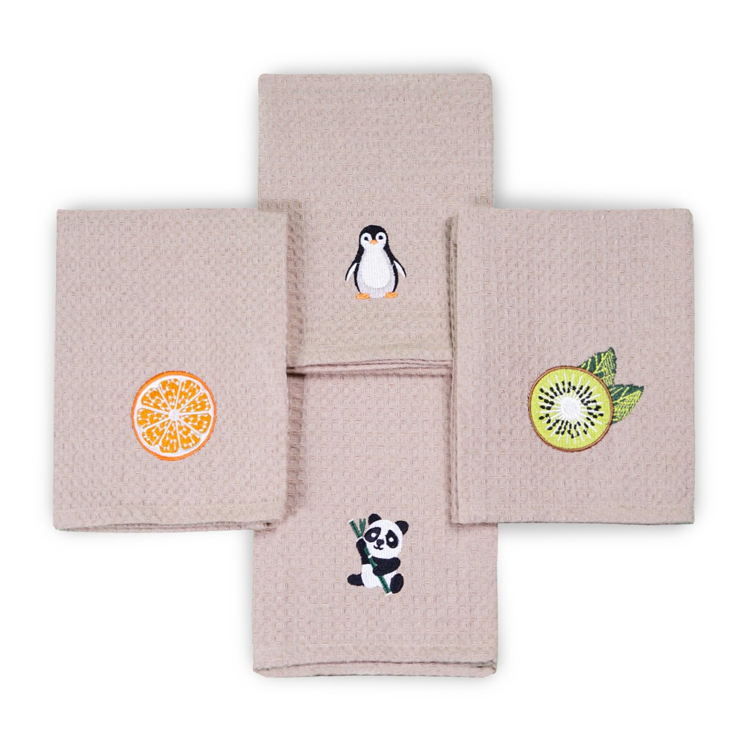 YOGAN Tea Towels/Kitchen Towels Pack of 4 | 100% Cotton | 50x70cm | Waffle Weave | Super Soft | Super Absorbent | Lint Free | Embroidery (Cookie Brown)