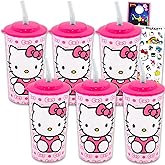 Hello Kitty Kids 16 Oz Reusable Cups - Sanrio Party Favor 6 Piece Bundle with 16 Oz Cup with Lid and Straw Plus Stickers for Boys, Girls | Hello Kitty Tumbler with Straw