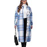 CYCLAMEN 2024 Women's Plus Size 1X-5X Long Flannel Plaid Shacket Jacket Calf-Length Button Down Coat Shirt Pocket Fall Winter