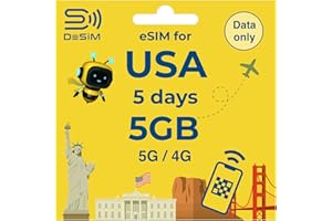 USA eSIM DeSiM High-Speed 5Days 5GB, Multi-Network, QR Cord Easy Activation, Tethering, No Voice/SMS, Local Support, Prepaid 