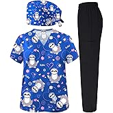 VillbeCoser 3Pcs Women's Scrubs Set with Scrub Pants Caps Cute Printed V Neck Tops Soft Casual Nurse Uniform With Pocket