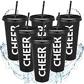 Layhit 6 Sets Cheerleader Valentine Gifts Bulk for Team Cheer Cups 24 oz Plastic Cheer Cups Tumblers with Lid and Straw for Cheerleader Party Favor Supplies Senior Night Gift (Black)