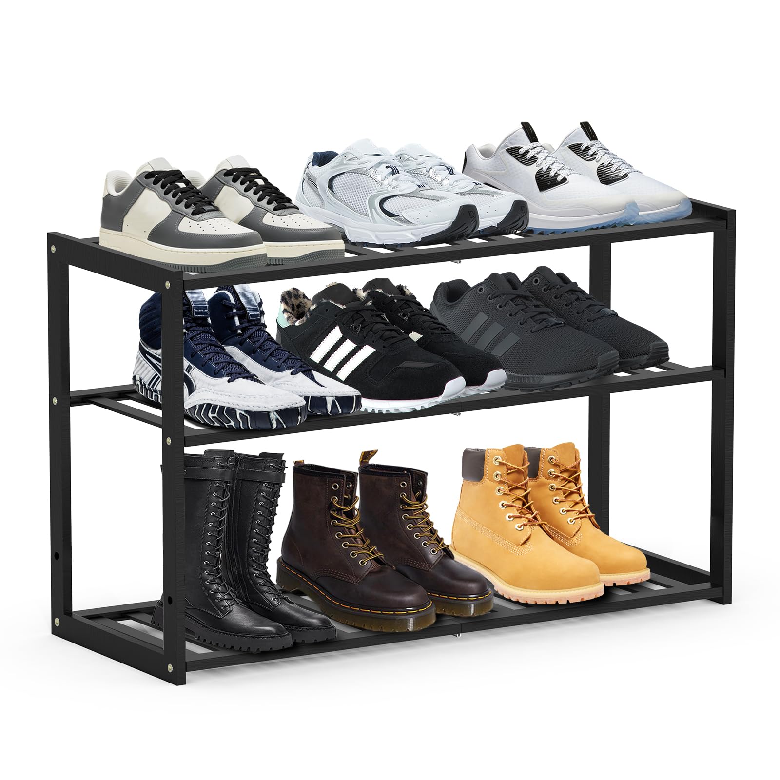 Photo 1 of Jripae Bamboo Shoe Rack for Entryway, Stackable 3 Tier Shoe Organizer Shelf Storage 9-12 Pairs Shoes Stand Cubby for Closet Door Hallway Bedroom Garage Black, Thanksgiving