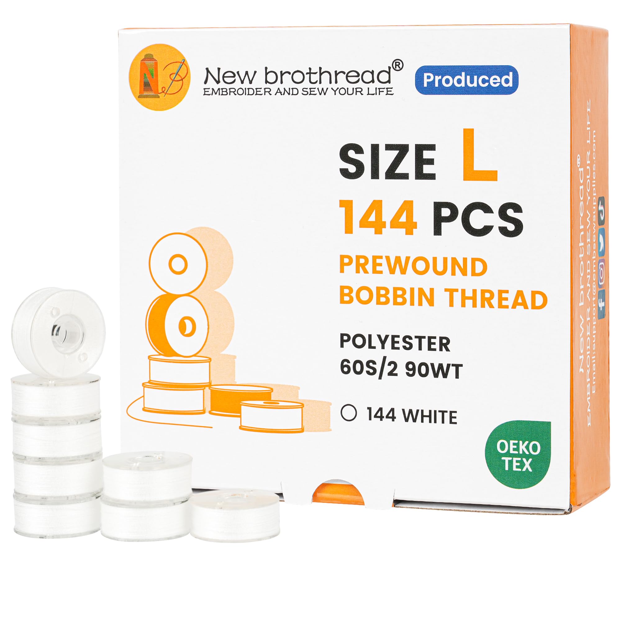 New brothread 144pcs Type L Size (SA155) White Prewound Bobbin Thread Plastic Side for Particular Embroidery and Sewing Machines - 90wt