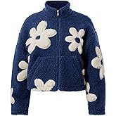 CUFEZN Women's Floral Sherpa Fleece Jacket, Oversized Cropped Coat Vintage Winter Warm Zip Up Outwear with Pockets