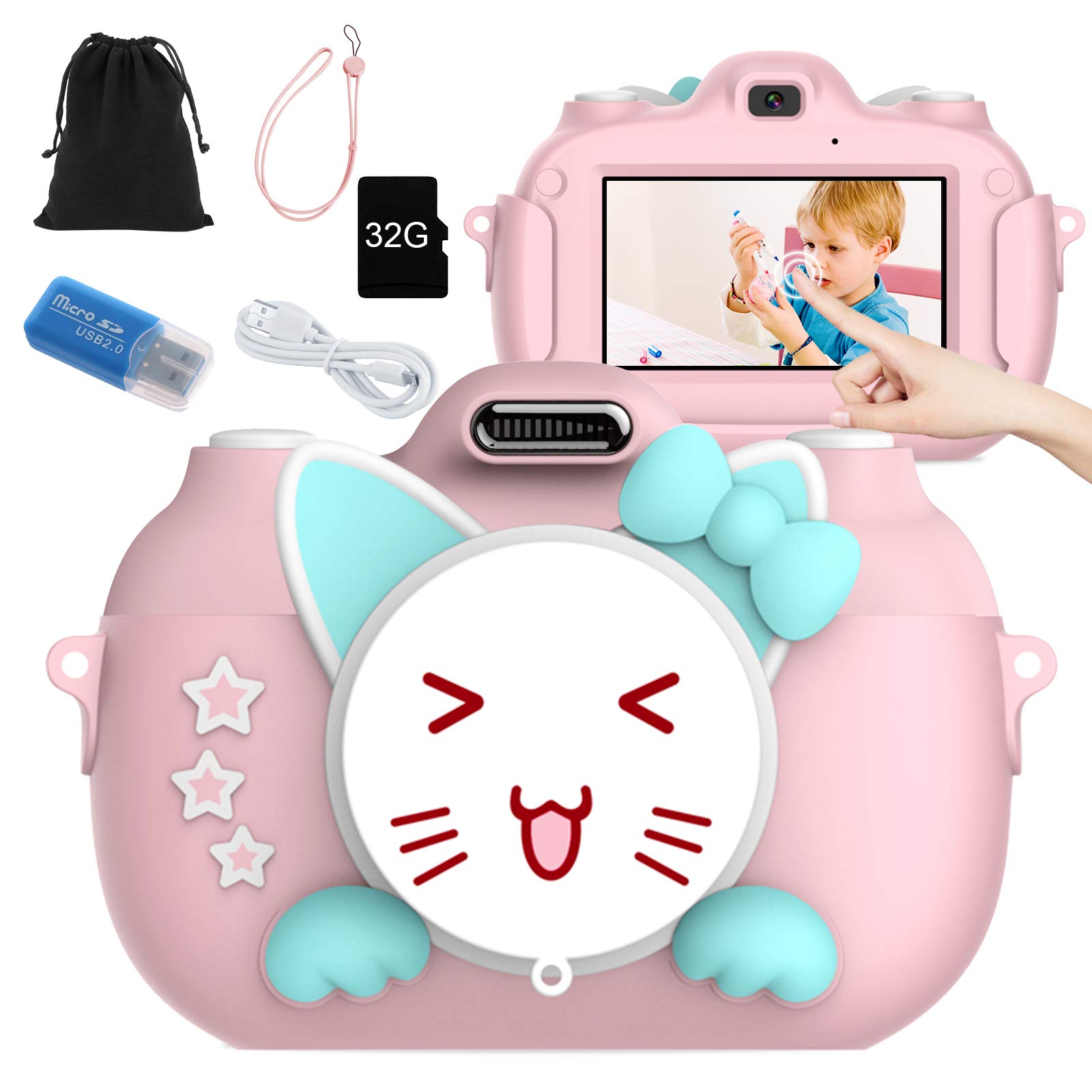 JL Comfurni Kids Camera Touch Screen Camera for Girls Boys Selfie Camera for Kids 28.0MP Digital Dual Camera with 3.0 Inch IPS Screen and Toddler with 32GB SD Card Birthday(Pink A5)…