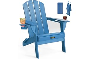 CARAUCI Folding Adirondack Chair, Wooden Textured Plastic Adirondack Chairs with 2 Cup Holder, Weather Resistant HDPE Fire Pit Chair, Outdoor Patio Chairs for Garden, Backyard, Lawn, Deck, 380LBS, Blue
