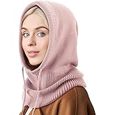 Hooded Scarf Hat Knit Balaclava Women Beanie Skull Cap with Drawstring Warm Winter Hats for Women Men Outdoor Sports