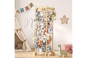 COSYLAND Stuffed Animal Storage Zoo Wood Toy Organizer with Elastic Ropes and String Lights for Playroom Bedroom Nursery Hamm
