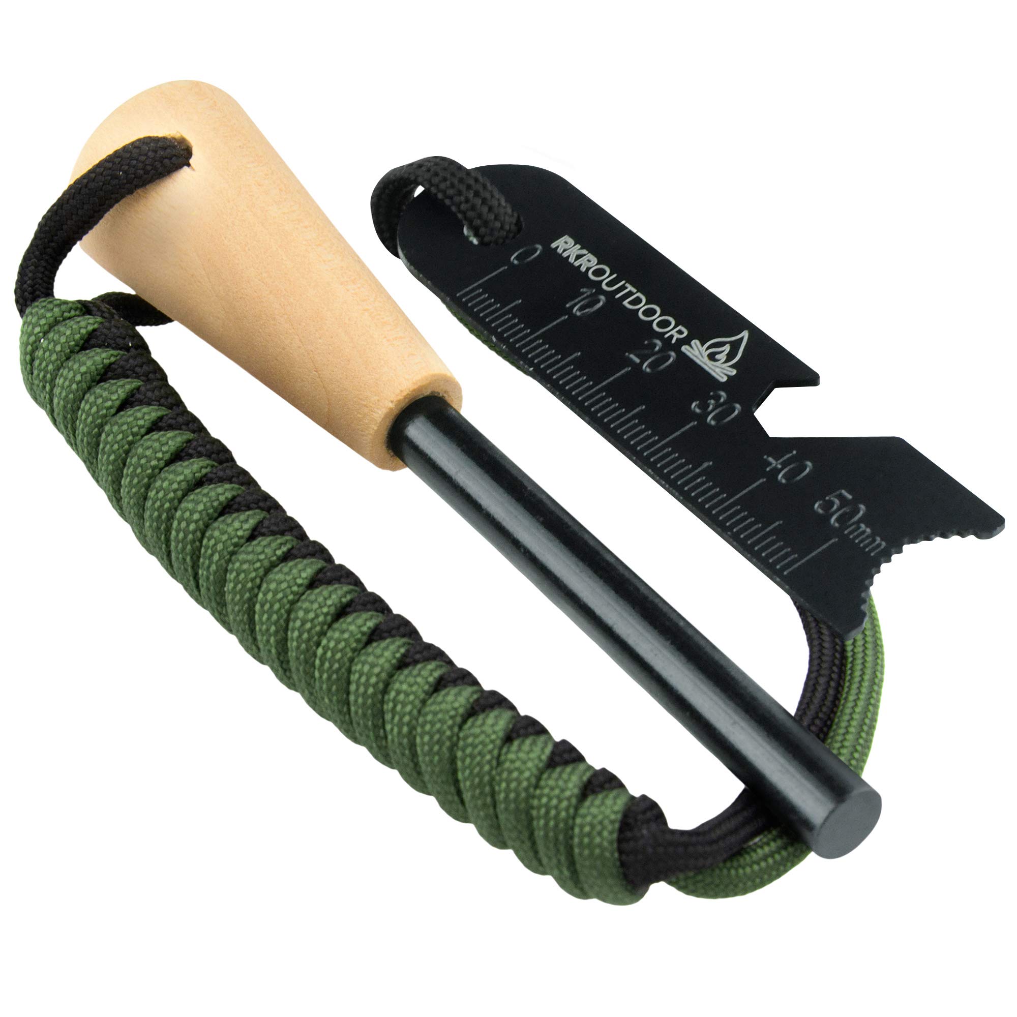 RKR OUTDOOR Ferro Rod Flint Fire Starter Kit with Handcrafted Wood Handle |12,000+ Strikes | Survival Flint and Steel Rods with Multi-Tool Striker and Paracord Neck-Wrist Lanyard for Your Camping Gear