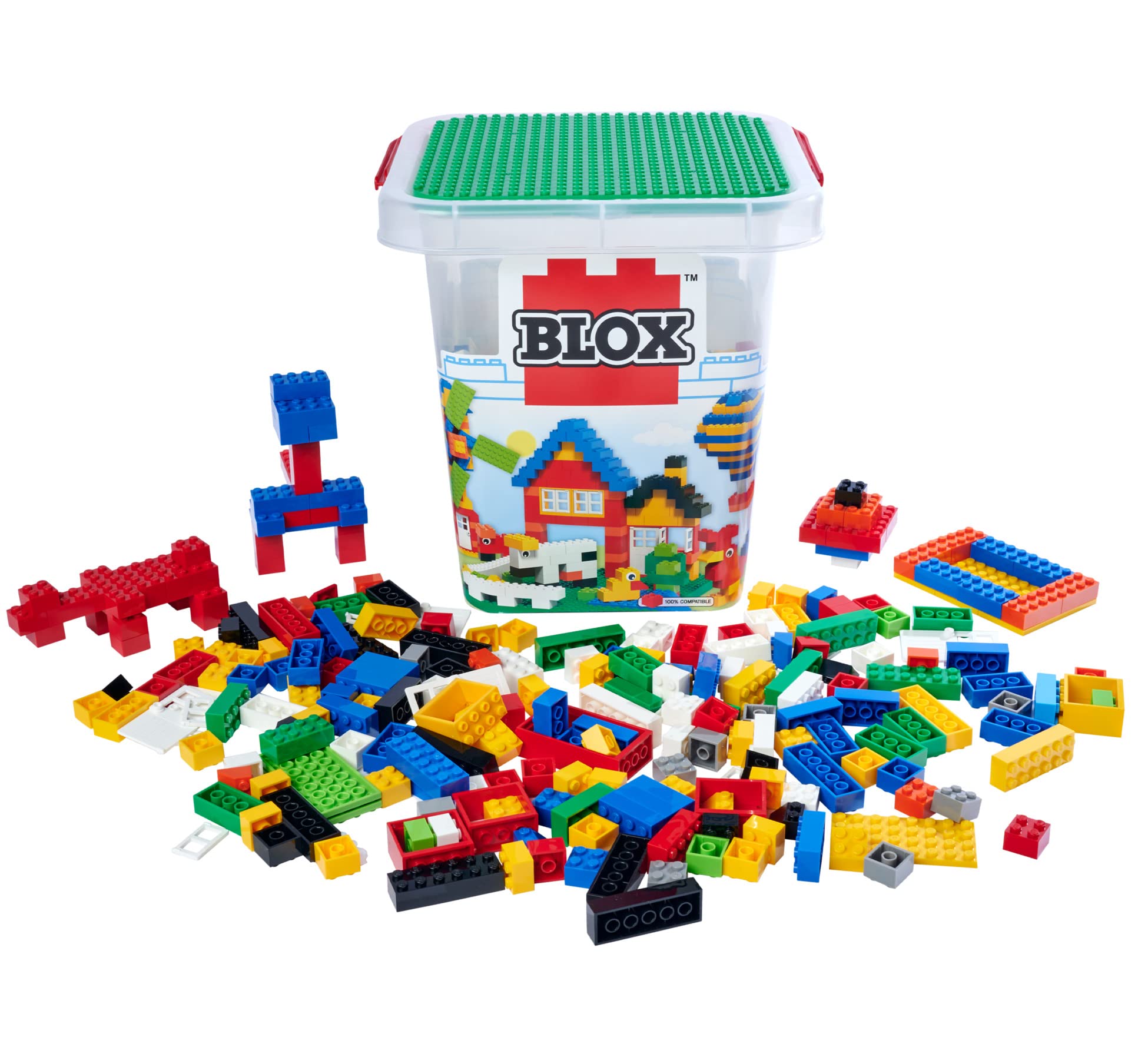 Simba 104114519 Blox 500 Building Blocks in Bucket, for Children from 3 Years, Various Stones, 16 Windows, 4 Doors, with Base Plate, Fully Compatible, Assorted Colours