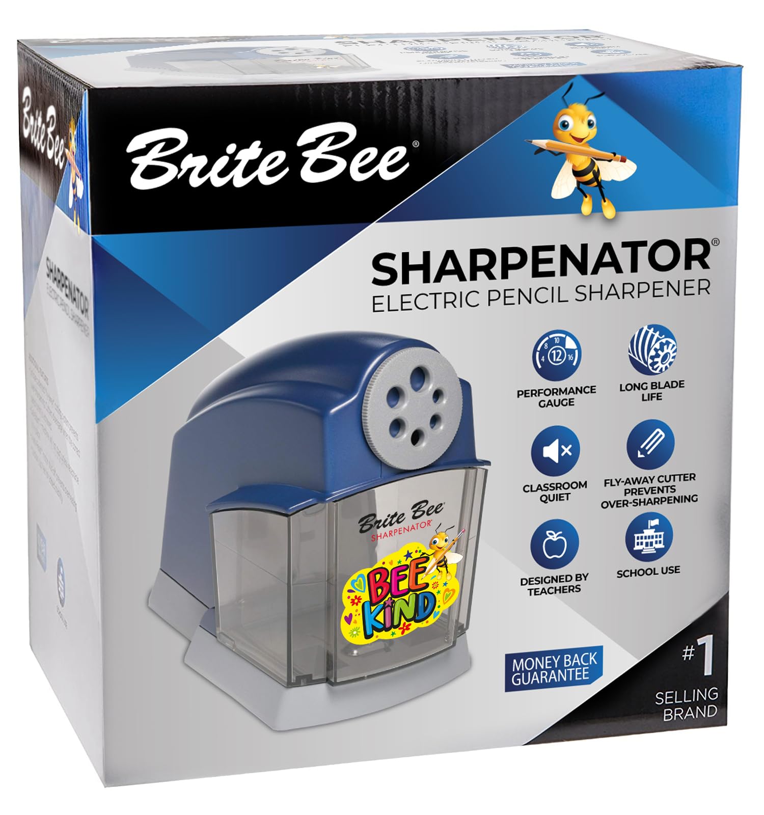 Brite Bee Sharpenator – Heavy Duty Classroom Electric Pencil Sharpener for Teachers & Students – Quiet Motor, Auto Stop, Large Bin, Helical Blade – Sharpens All Pencil Types (Bee Kind Front)