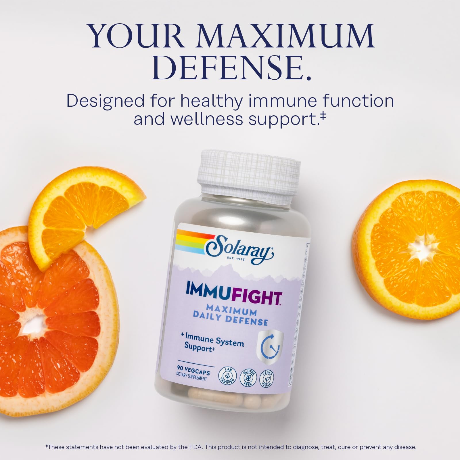 SOLARAY Immufight Maximum Daily Defense, All Day Immune Support, Vitamin C, Vitamin D, Zinc, Probiotics, Monolaurin, Acerola & More, Vegan & Gluten Free, 60 Day Guarantee, 30 Servings, 90 VegCaps