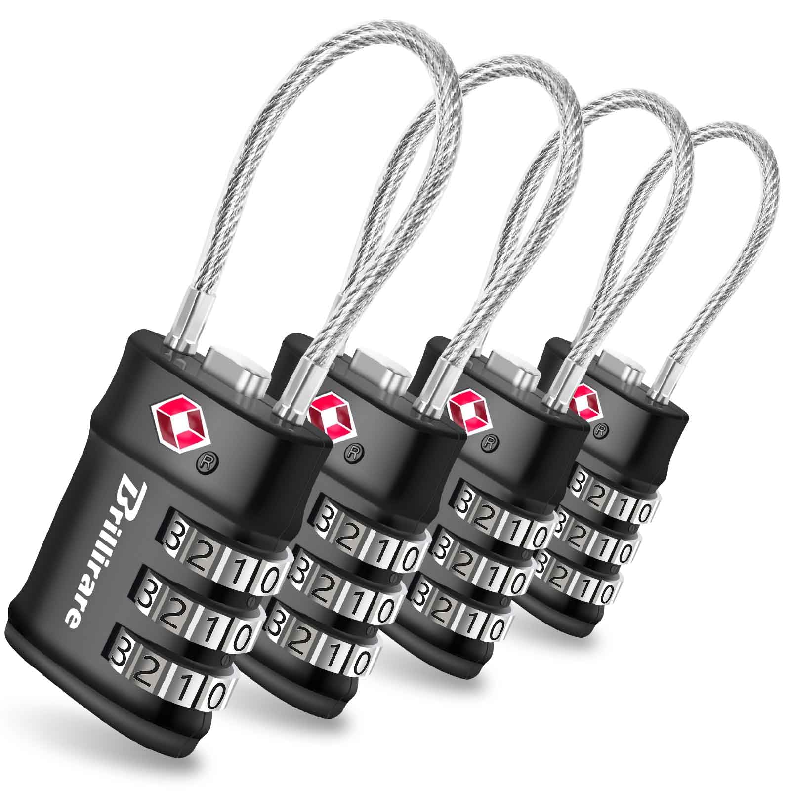 Photo 1 of 4 Pack TSA Approved Luggage Locks, Combination Travel Cable Lock, 3-Digit Waterproof Padlock, Zinc Alloy Outdoor Keyless Resettable Lock for Travel, Lockers, Bags, Backpack, Gym, Gate-by BRILLIRARE